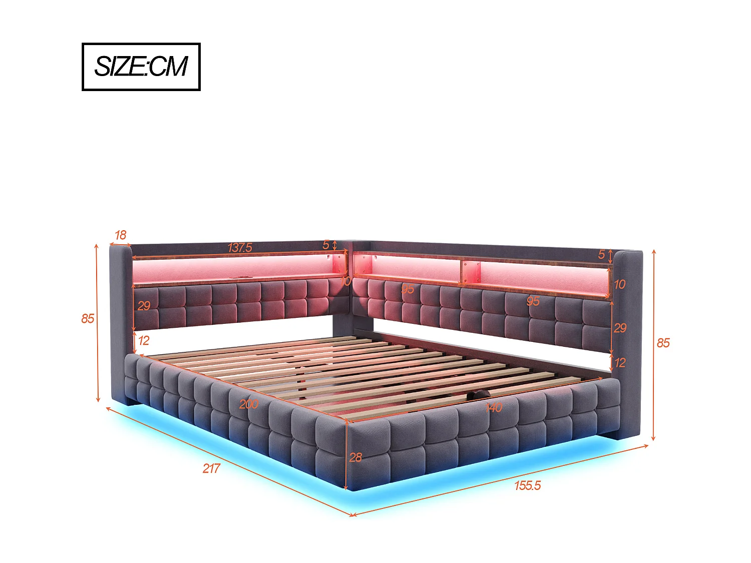Gestoffeerde slaapbank met opbergruimte 140x200 cm - met LED-licht - met stopcontact + USB-poort + Type-C oplaadpoort - Donkergrijs​ (matras niet inbegrepen)