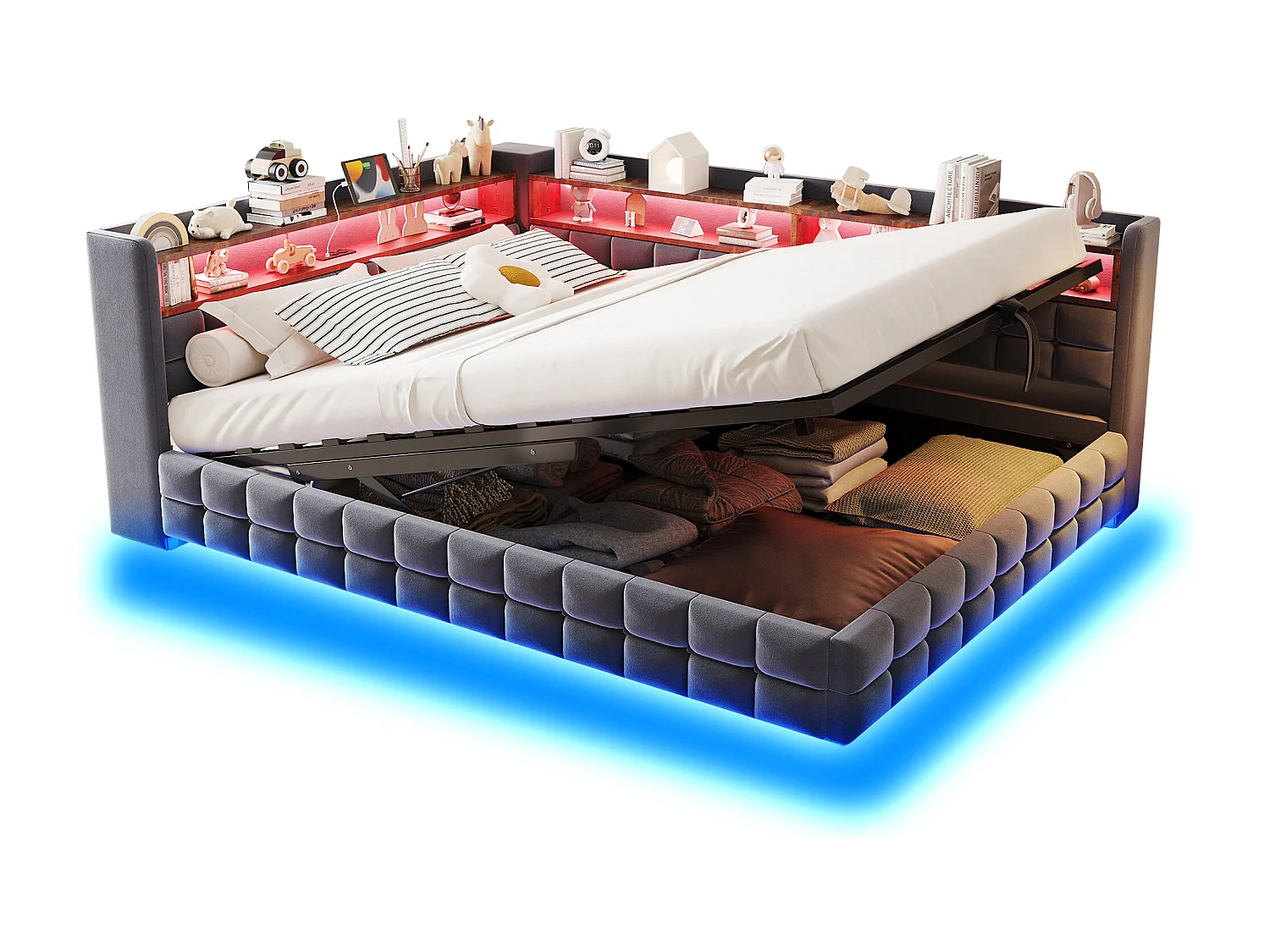 Gestoffeerde slaapbank met opbergruimte 140x200 cm - met LED-licht - met stopcontact + USB-poort + Type-C oplaadpoort - Donkergrijs​ (matras niet inbegrepen)