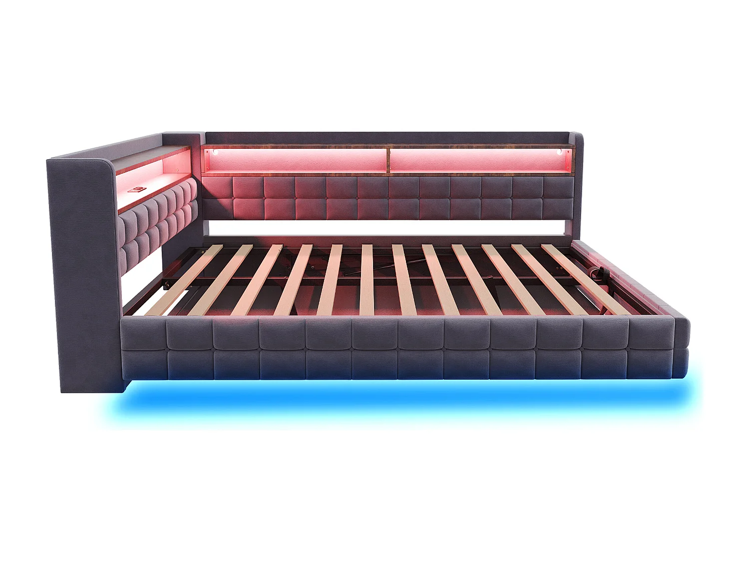 Gestoffeerde slaapbank met opbergruimte 140x200 cm - met LED-licht - met stopcontact + USB-poort + Type-C oplaadpoort - Donkergrijs​ (matras niet inbegrepen)