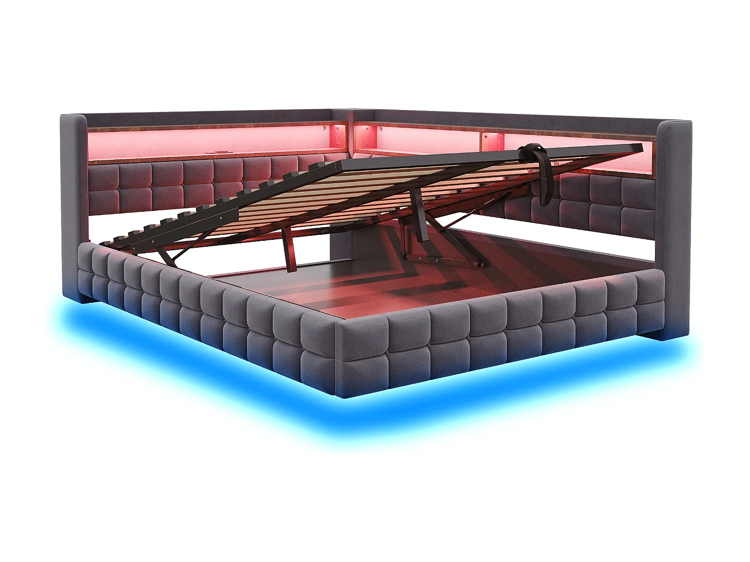 Gestoffeerde slaapbank met opbergruimte 140x200 cm - met LED-licht - met stopcontact + USB-poort + Type-C oplaadpoort - Donkergrijs​ (matras niet inbegrepen)