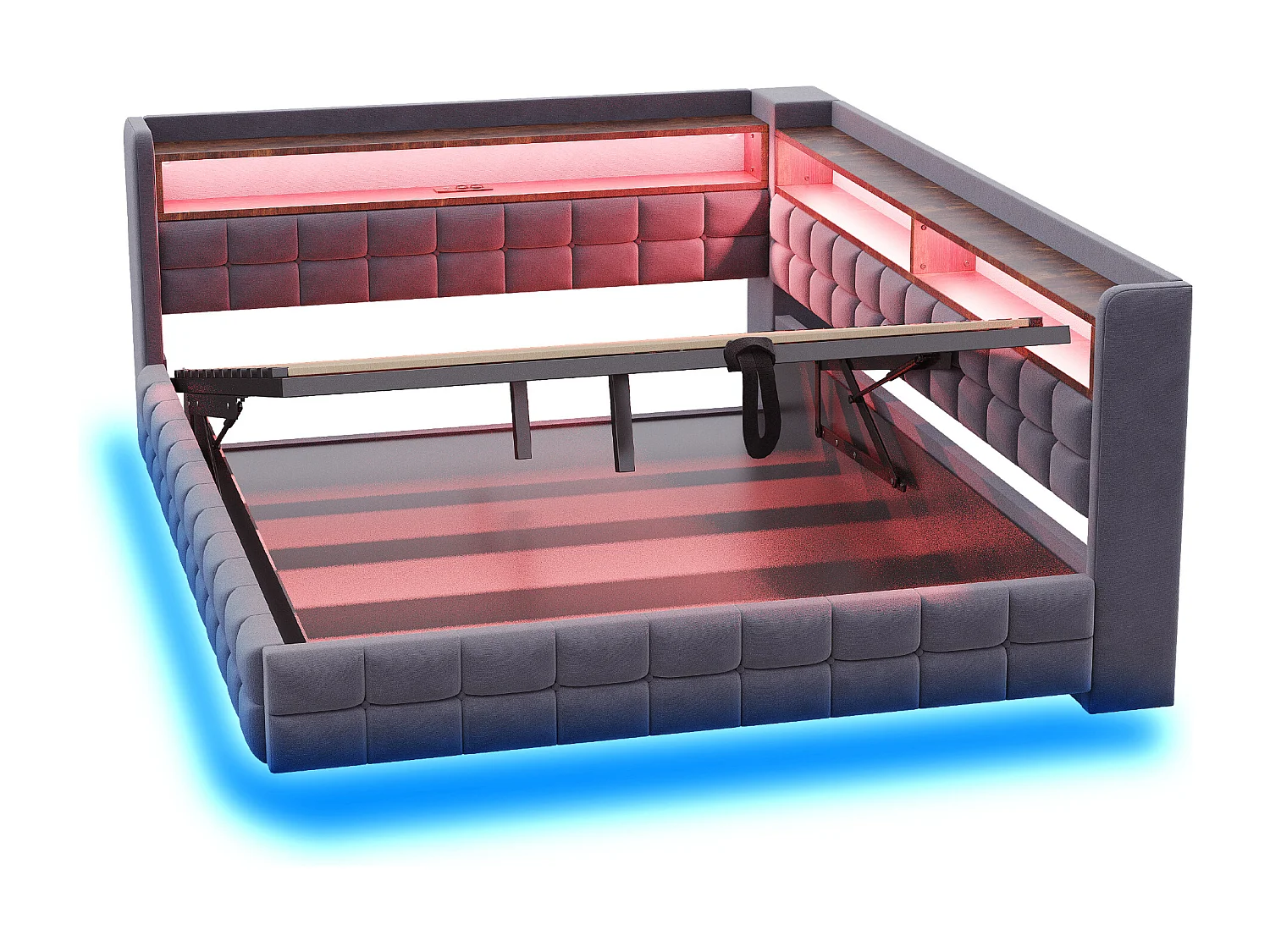 Gestoffeerde slaapbank met opbergruimte 140x200 cm - met LED-licht - met stopcontact + USB-poort + Type-C oplaadpoort - Donkergrijs​ (matras niet inbegrepen)