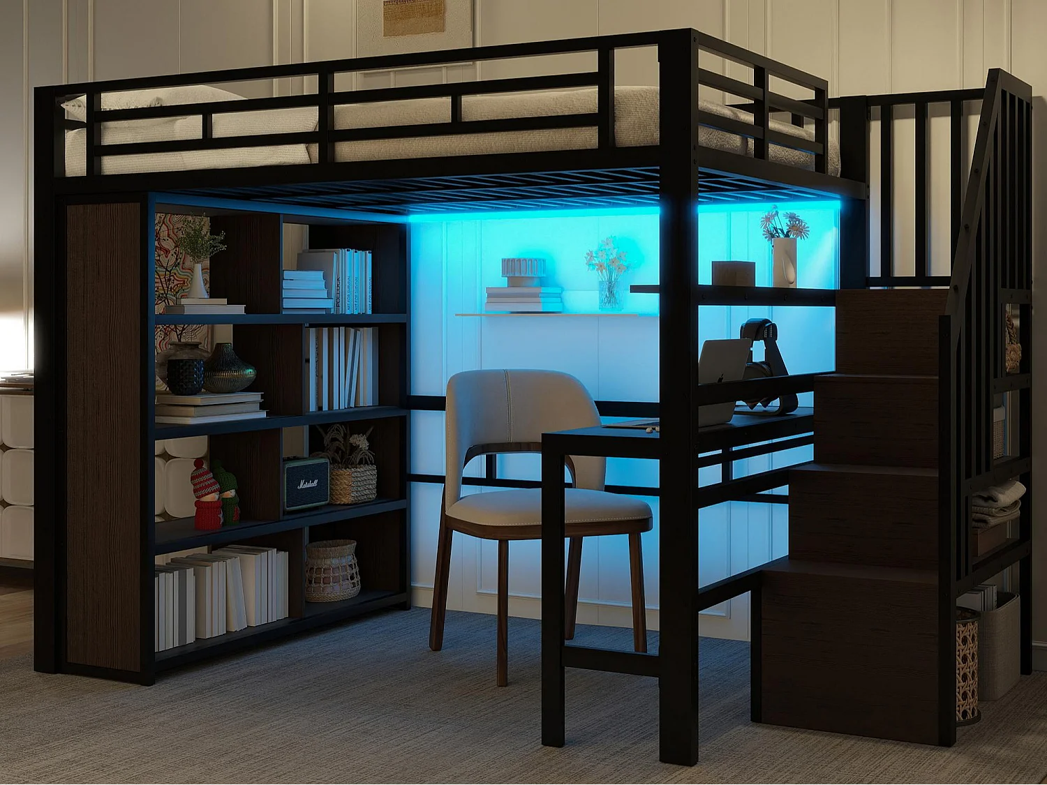 Letto soppalcato 140x200 cm - con scrivania + scomparti di riporre - con striscia luminosa LED - con scala - Nero​ (materasso non incluso)