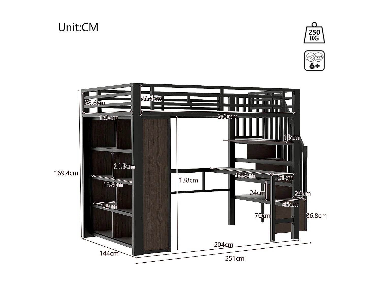 Letto soppalcato 140x200 cm - con scrivania + scomparti di riporre - con striscia luminosa LED - con scala - Nero​ (materasso non incluso)