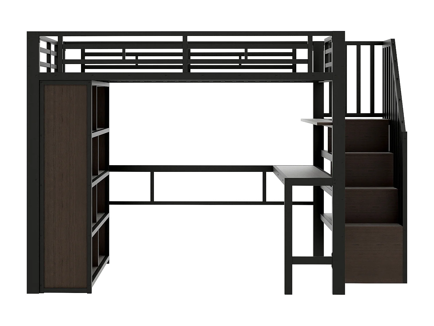 Letto soppalcato 140x200 cm - con scrivania + scomparti di riporre - con striscia luminosa LED - con scala - Nero​ (materasso non incluso)