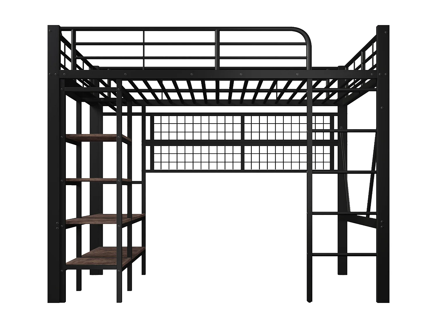 Letto soppalcato 140x200 cm - Struttura in ferro - con scomparti di riporre - con illuminazione LED - Nero​ (materasso non incluso)