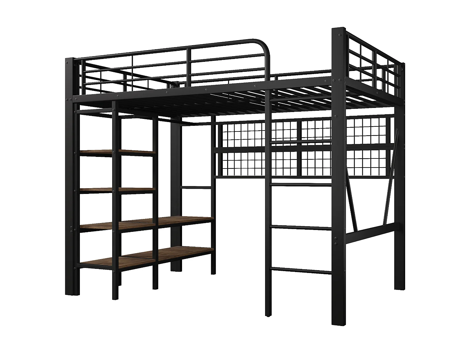 Letto soppalcato 140x200 cm - Struttura in ferro - con scomparti di riporre - con illuminazione LED - Nero​ (materasso non incluso)