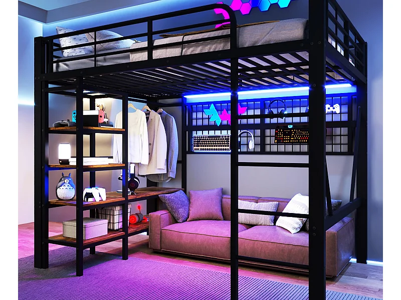 Lit mezzanine 140x200 cm - Structure en fer - avec compartiments de rangement - avec éclairage LED - Noir (matelas non inclus)