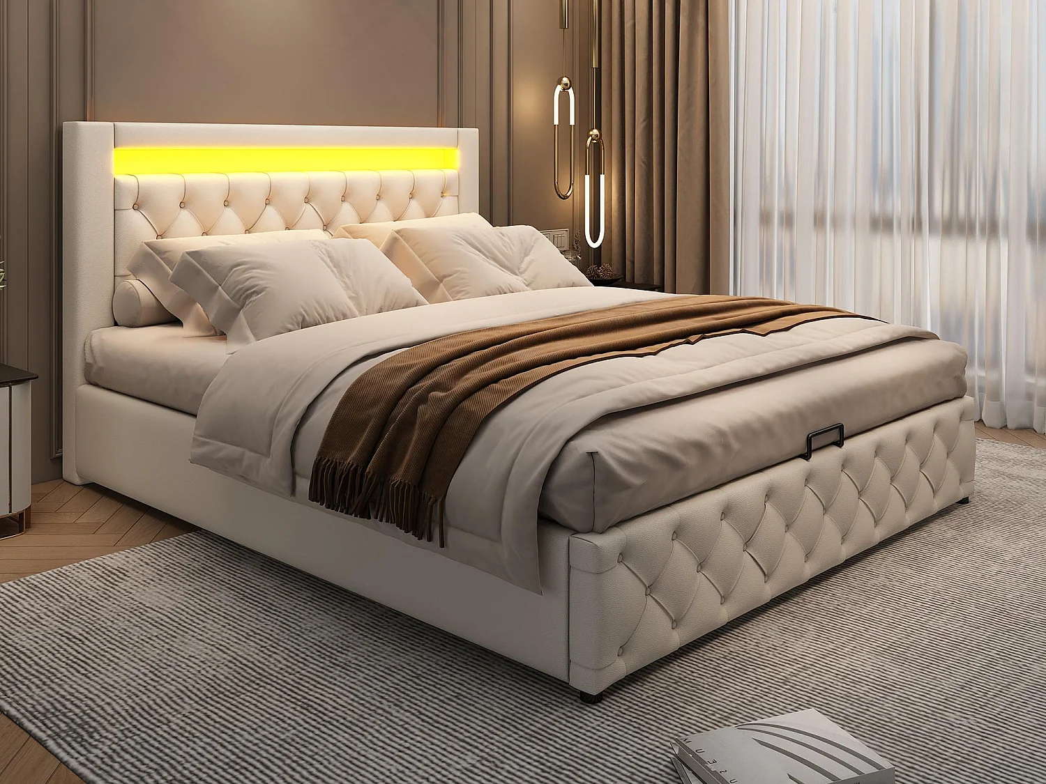 Gepolstertes Bett mit Stauraum 140x190 cm - mit LED-Beleuchtung - mit Stauraum - mit Lattenrost - PU - Weiß​ (Matratze nicht inbegriffen)