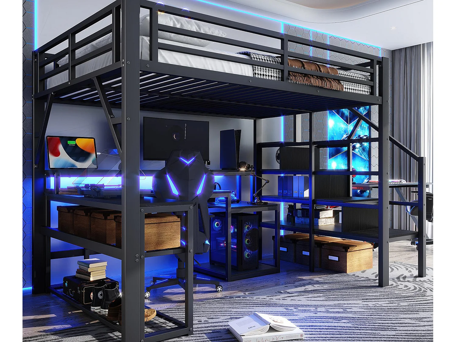 Lit mezzanine 140x200 cm - avec escalier de sécurité - avec bande lumineuse LED + bureau - avec port USB - noir (matelas non inclus)