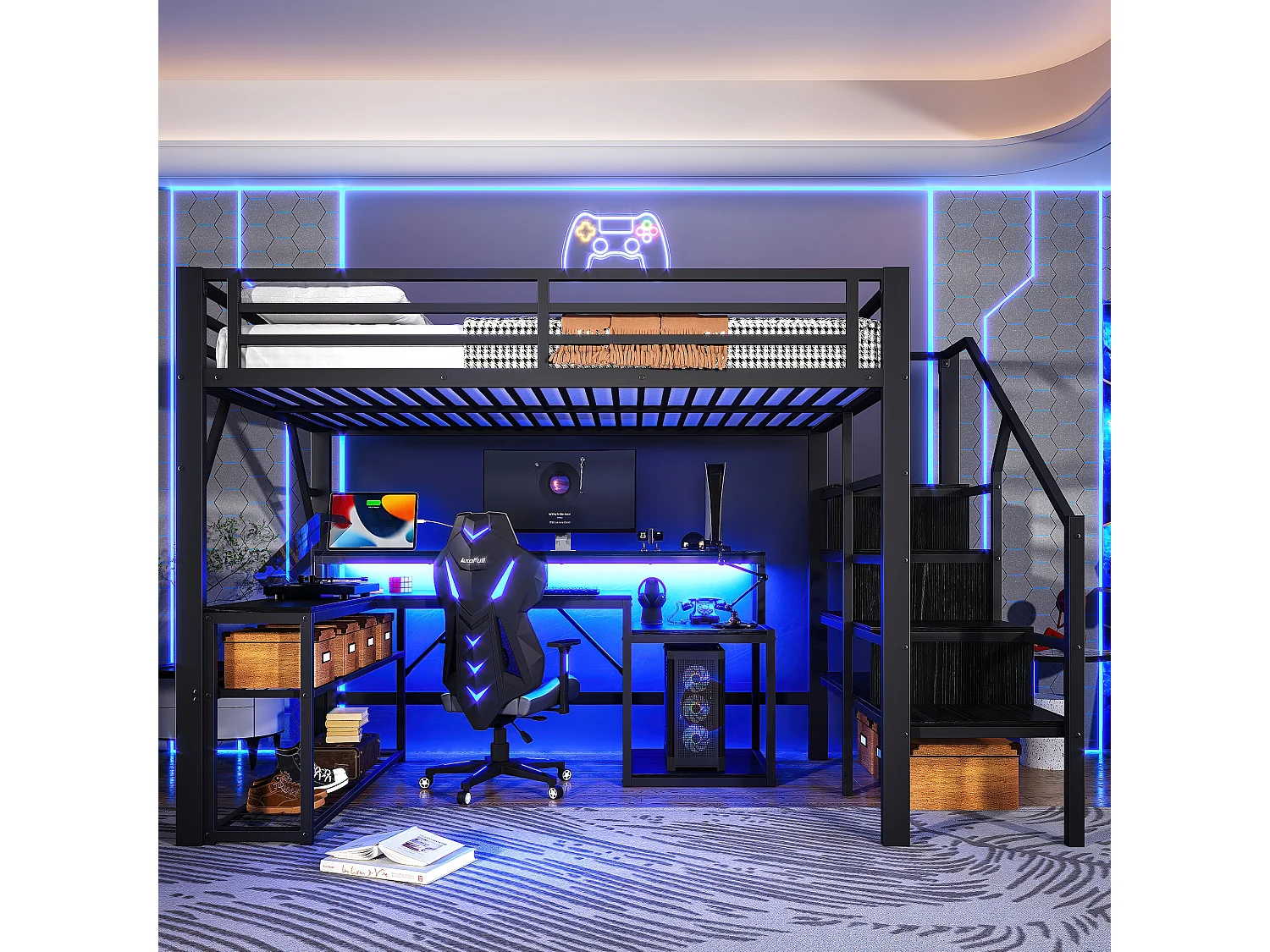 Lit mezzanine 140x200 cm - avec escalier de sécurité - avec bande lumineuse LED + bureau - avec port USB - noir (matelas non inclus)