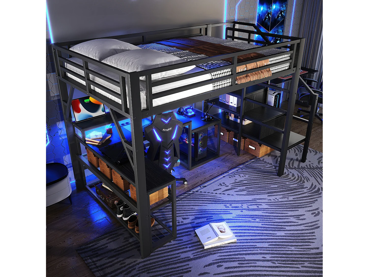Lit mezzanine 140x200 cm - avec escalier de sécurité - avec bande lumineuse LED + bureau - avec port USB - noir (matelas non inclus)