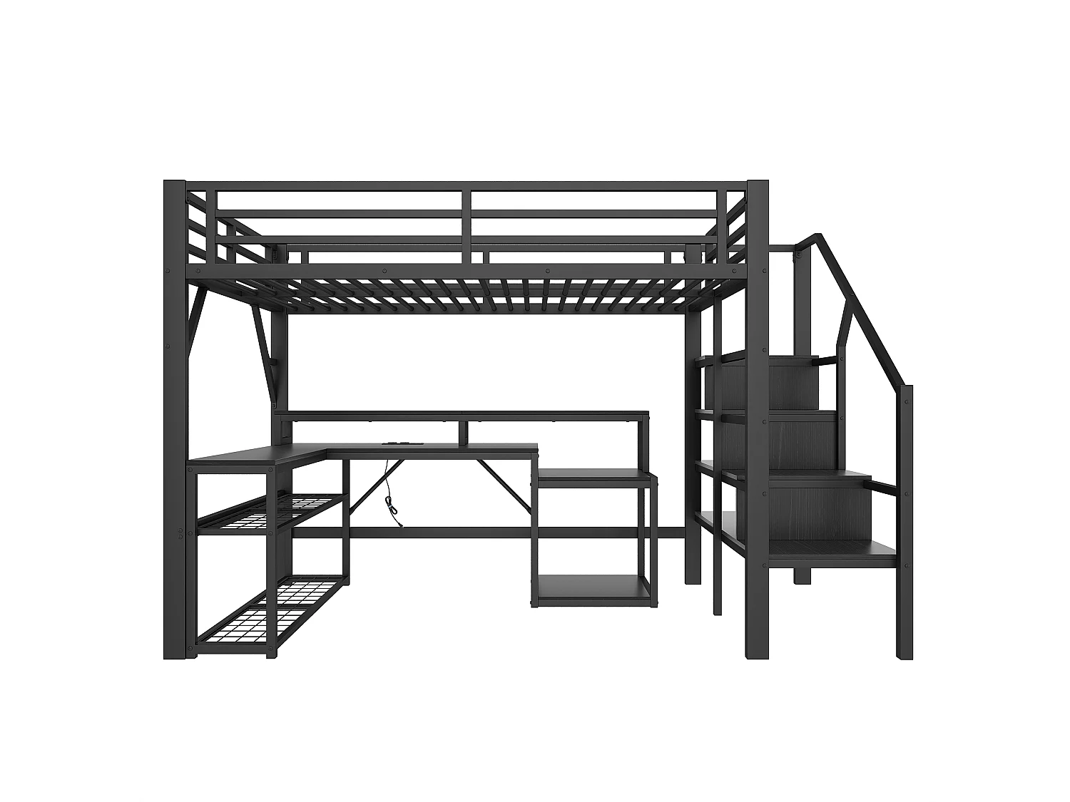 Lit mezzanine 140x200 cm - avec escalier de sécurité - avec bande lumineuse LED + bureau - avec port USB - noir (matelas non inclus)