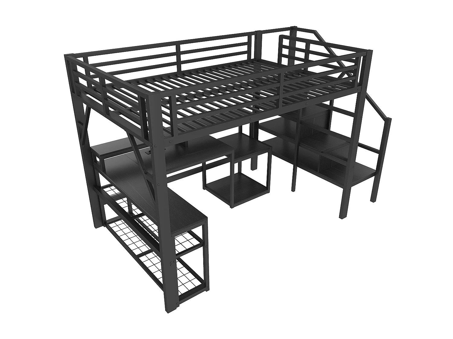 Lit mezzanine 140x200 cm - avec escalier de sécurité - avec bande lumineuse LED + bureau - avec port USB - noir (matelas non inclus)