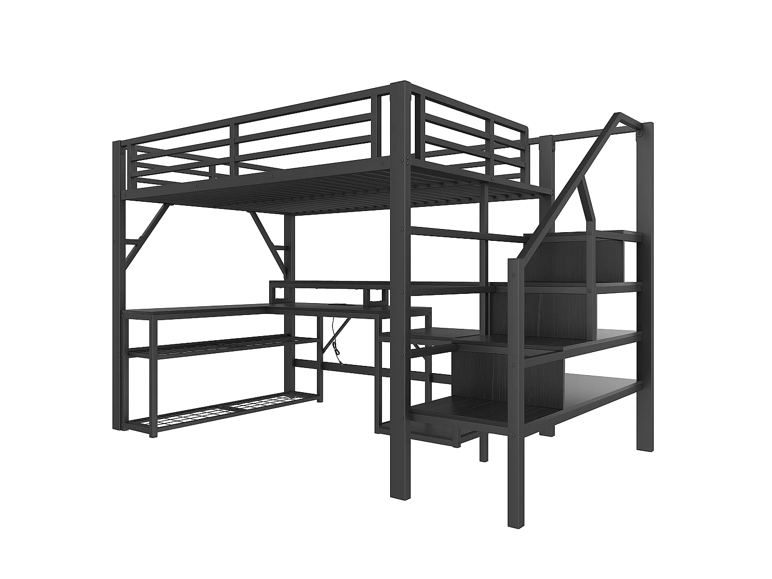 Lit mezzanine 140x200 cm - avec escalier de sécurité - avec bande lumineuse LED + bureau - avec port USB - noir (matelas non inclus)