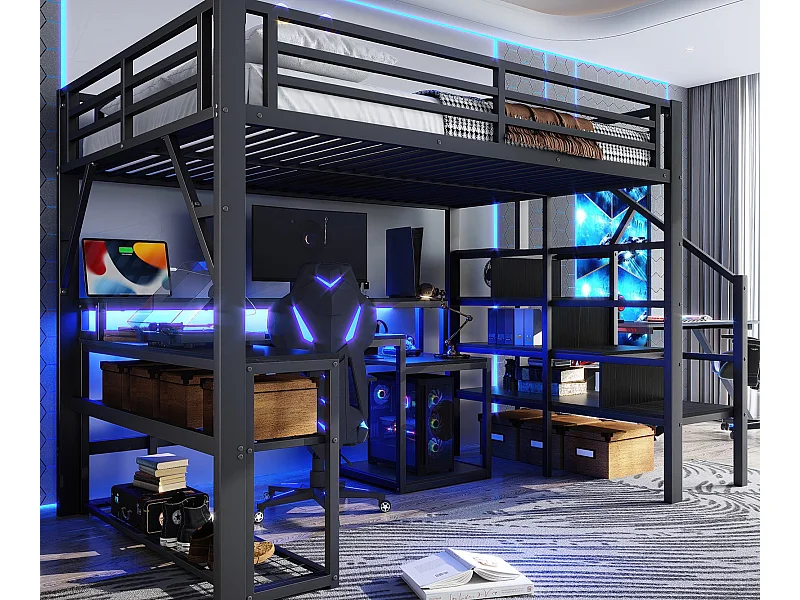 Lit mezzanine 140x200 cm - avec escalier de sécurité - avec bande lumineuse LED + bureau - avec port USB - noir (matelas non inclus)