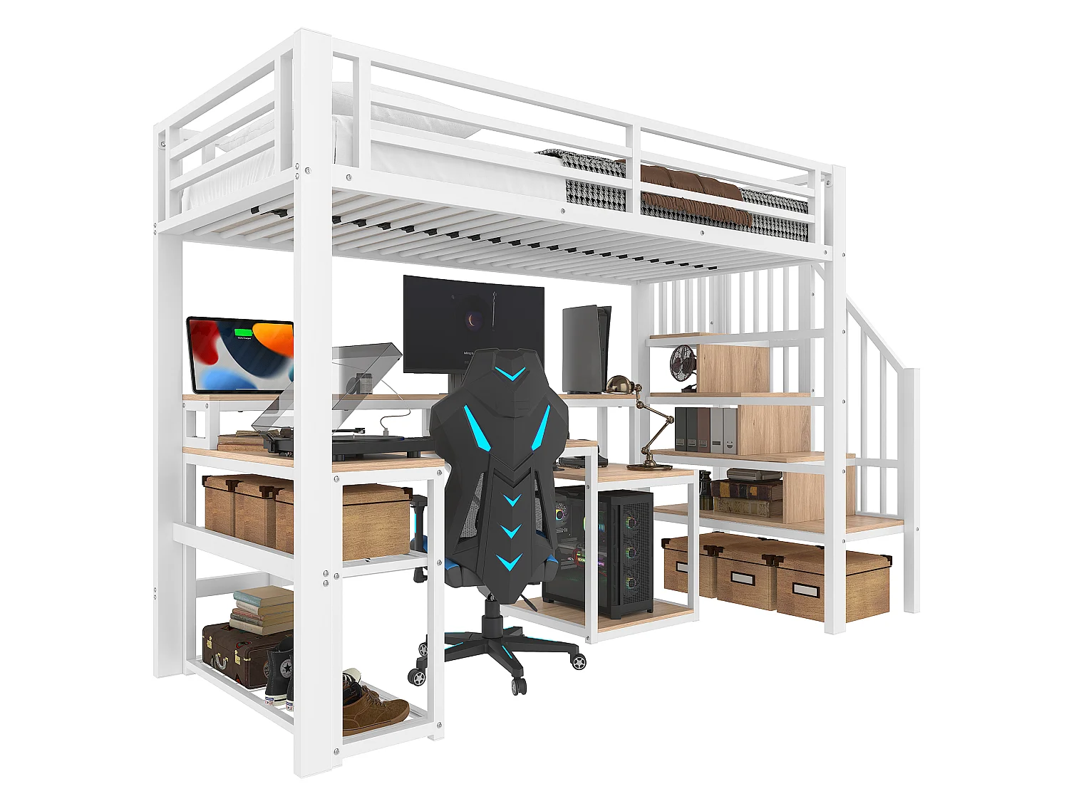 Lit mezzanine 90x200 cm - avec escalier de sécurité - avec bande lumineuse LED + bureau - avec port USB - blanc (matelas non inclus)