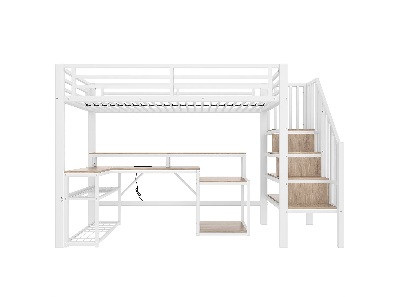 Lit mezzanine 90x200 cm - avec escalier de sécurité - avec bande lumineuse LED + bureau - avec port USB - blanc (matelas non inclus)