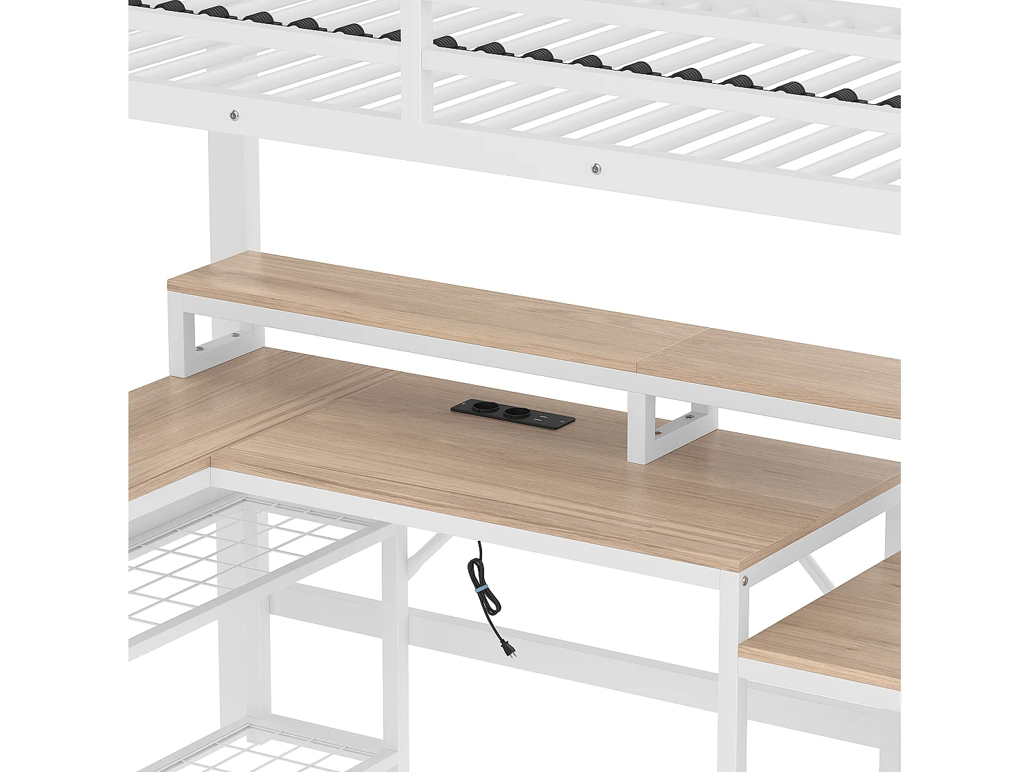 Lit mezzanine 90x200 cm - avec escalier de sécurité - avec bande lumineuse LED + bureau - avec port USB - blanc (matelas non inclus)