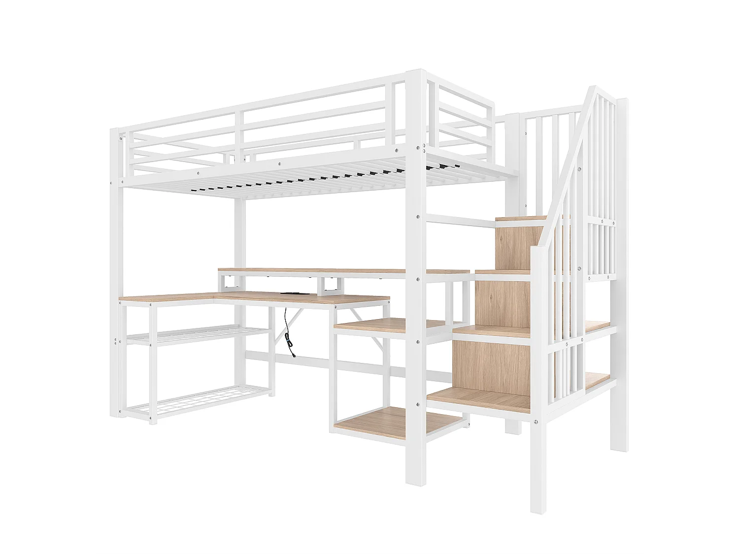 Lit mezzanine 90x200 cm - avec escalier de sécurité - avec bande lumineuse LED + bureau - avec port USB - blanc (matelas non inclus)