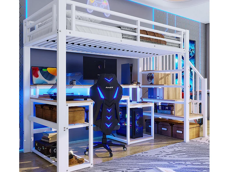 Lit mezzanine 90x200 cm - avec escalier de sécurité - avec bande lumineuse LED + bureau - avec port USB - blanc (matelas non inclus)