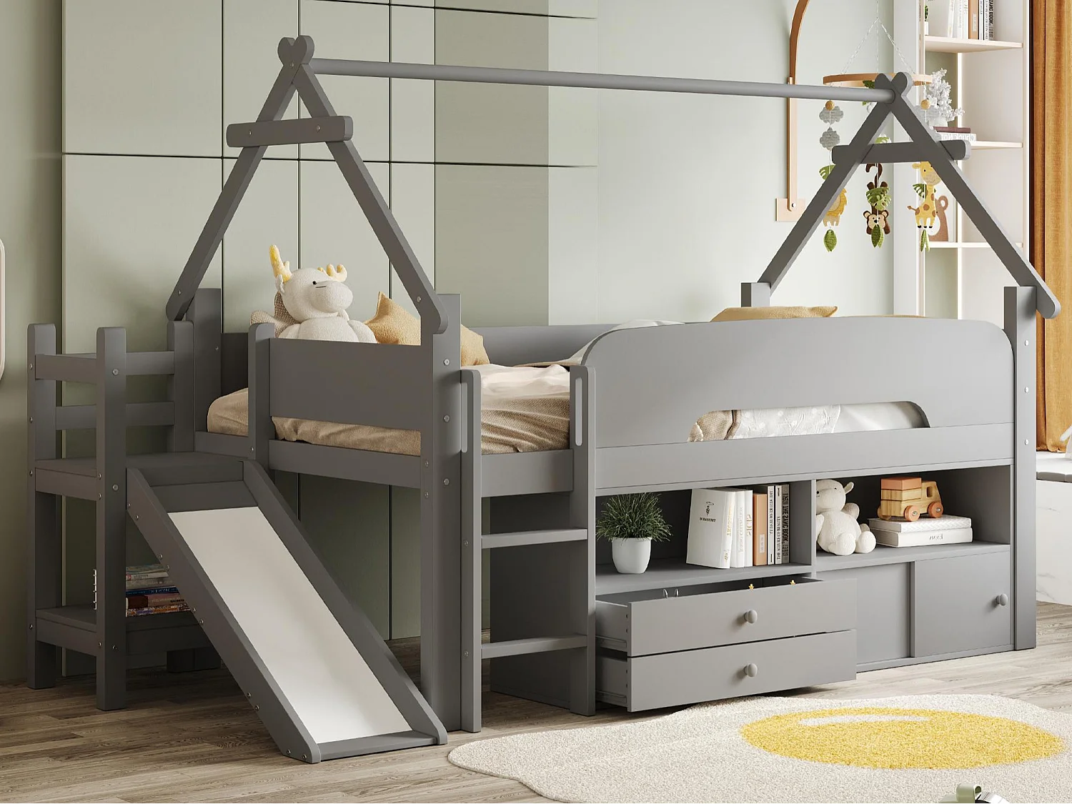 Lit cabane enfant 90x200 cm - avec toboggan de sécurité - avec 2 tiroirs - avec barrières de sécurité - gris (matelas non inclus)