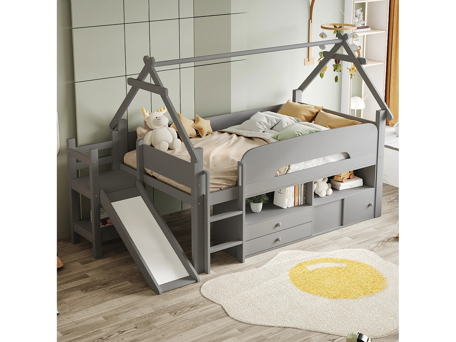 Lit cabane enfant 90x200 cm - avec toboggan de sécurité - avec 2 tiroirs - avec barrières de sécurité - gris (matelas non inclus)