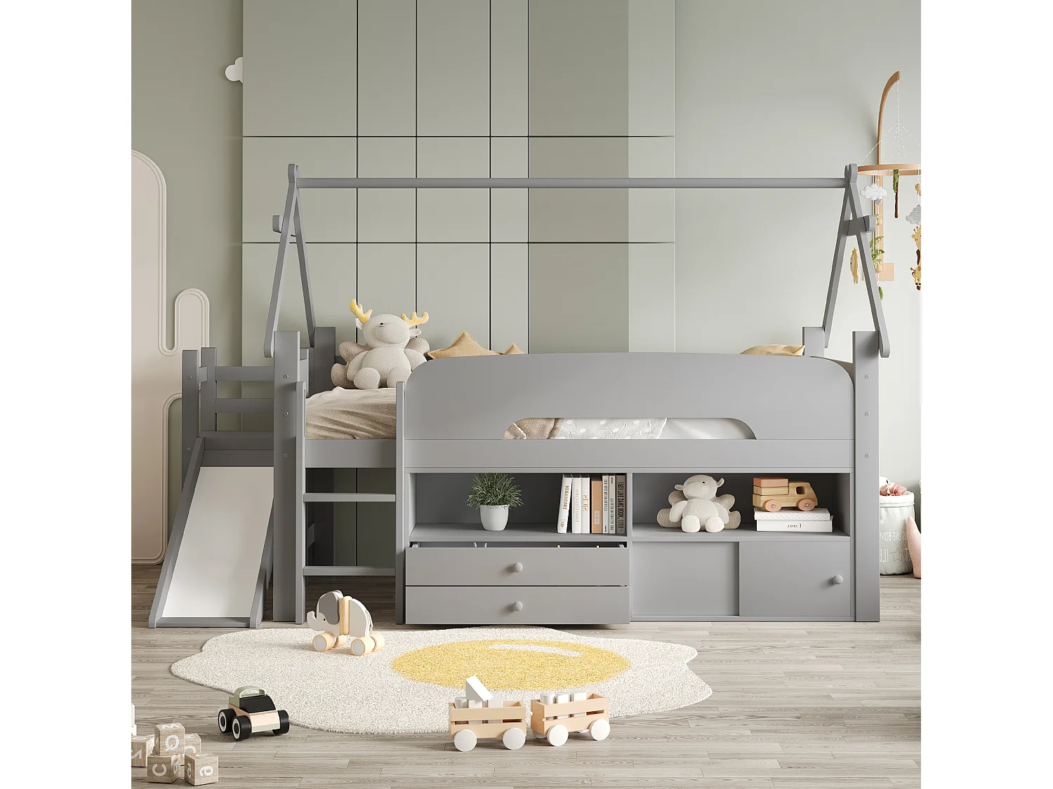 Lit cabane enfant 90x200 cm - avec toboggan de sécurité - avec 2 tiroirs - avec barrières de sécurité - gris (matelas non inclus)