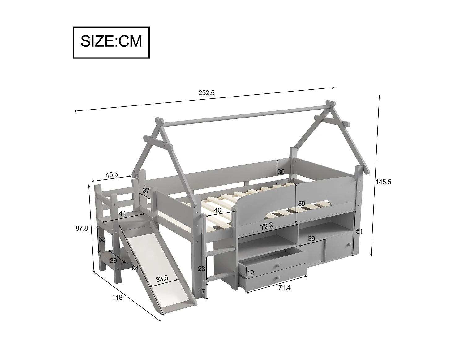 Lit cabane enfant 90x200 cm - avec toboggan de sécurité - avec 2 tiroirs - avec barrières de sécurité - gris (matelas non inclus)