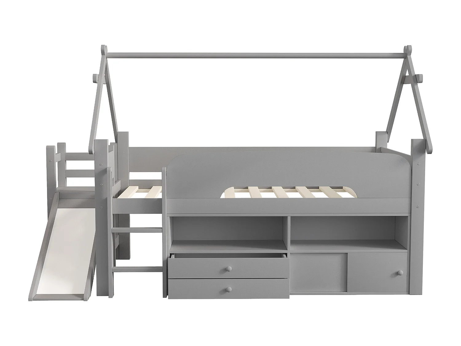 Lit cabane enfant 90x200 cm - avec toboggan de sécurité - avec 2 tiroirs - avec barrières de sécurité - gris (matelas non inclus)