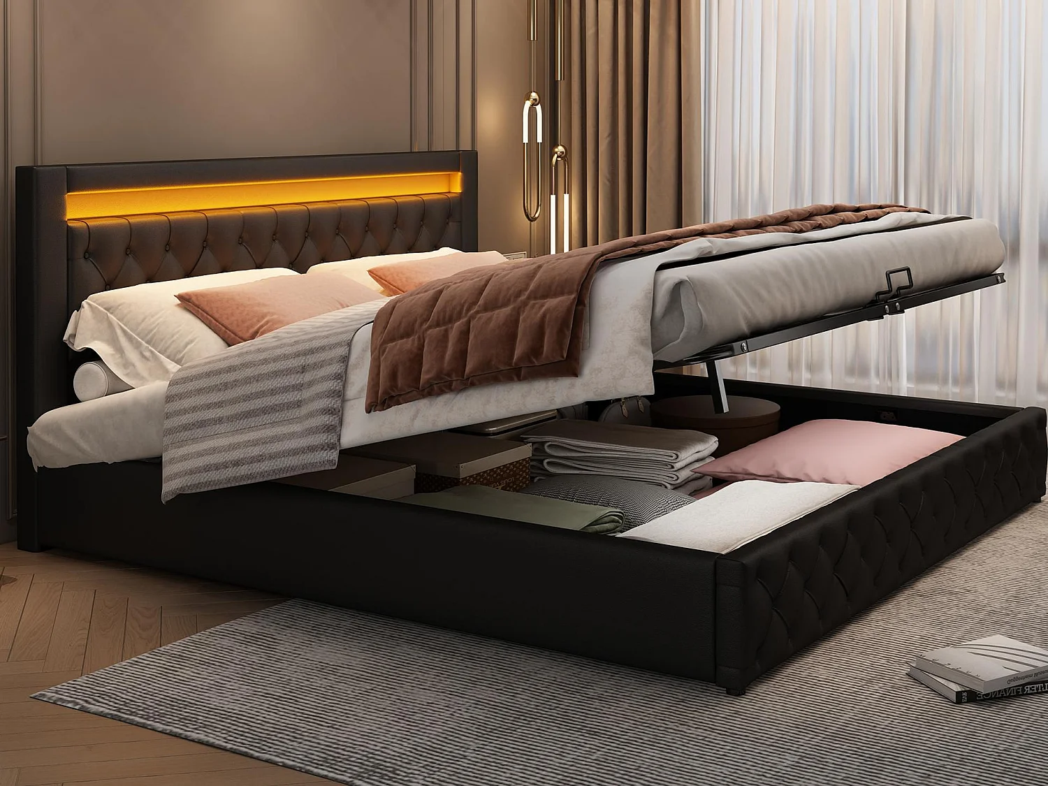 Gepolstertes Bett mit Stauraum 140x190 cm - mit LED-Beleuchtung - mit Stauraum - mit Lattenrost - PU - Schwarz​ (Matratze nicht inbegriffen)