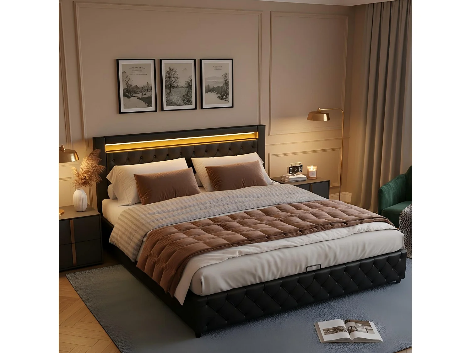 Gepolstertes Bett mit Stauraum 140x190 cm - mit LED-Beleuchtung - mit Stauraum - mit Lattenrost - PU - Schwarz​ (Matratze nicht inbegriffen)