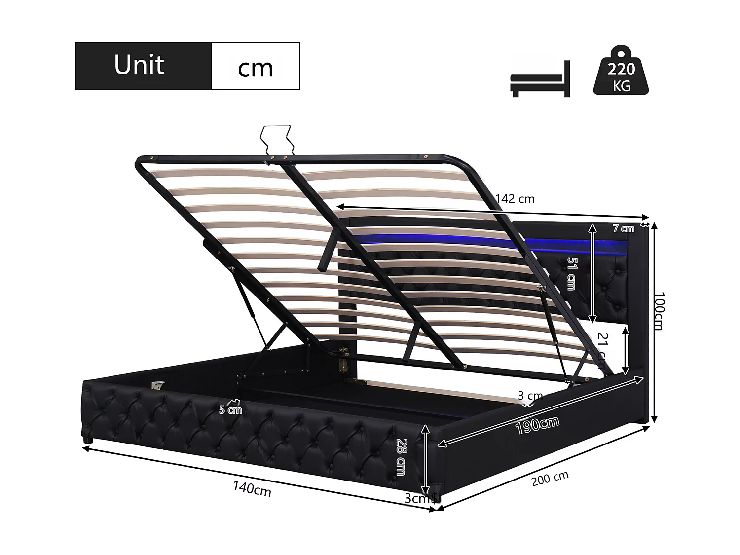 Gepolstertes Bett mit Stauraum 140x190 cm - mit LED-Beleuchtung - mit Stauraum - mit Lattenrost - PU - Schwarz​ (Matratze nicht inbegriffen)