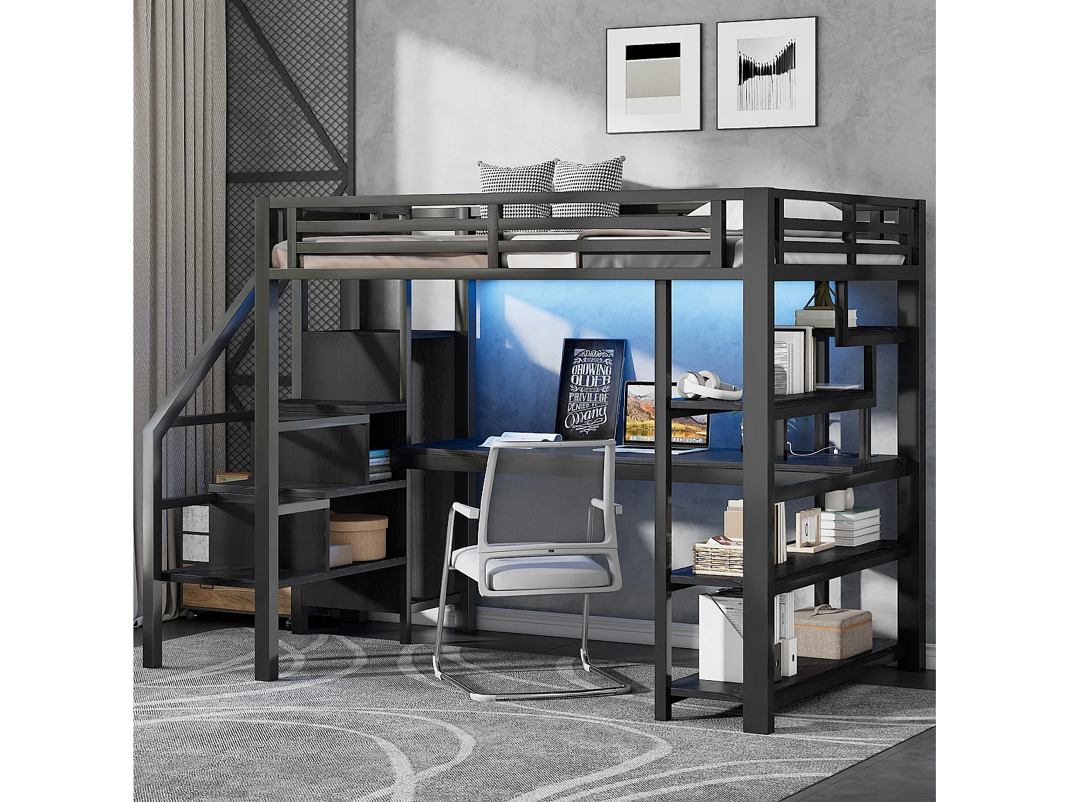 Letto soppalcato in metallo 140x200cm - con armadio aperto e scrivania - LED e porta USB - con scala di riporre e ripiani - Nero