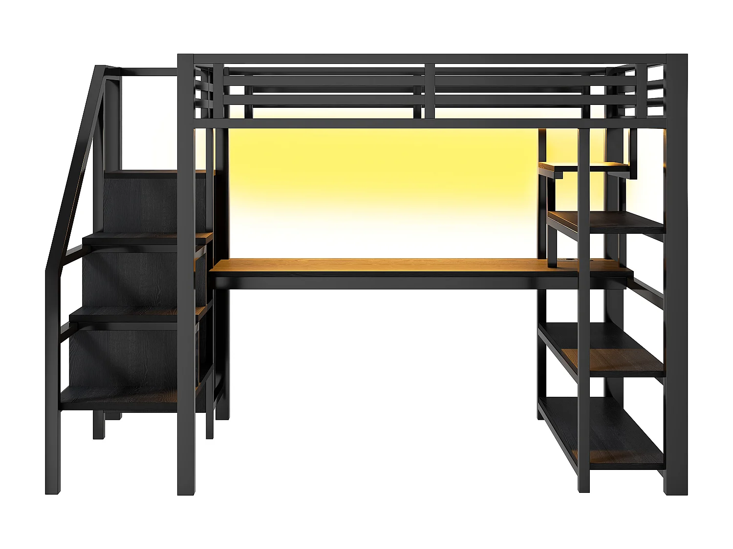 Letto soppalcato in metallo 140x200cm - con armadio aperto e scrivania - LED e porta USB - con scala di riporre e ripiani - Nero