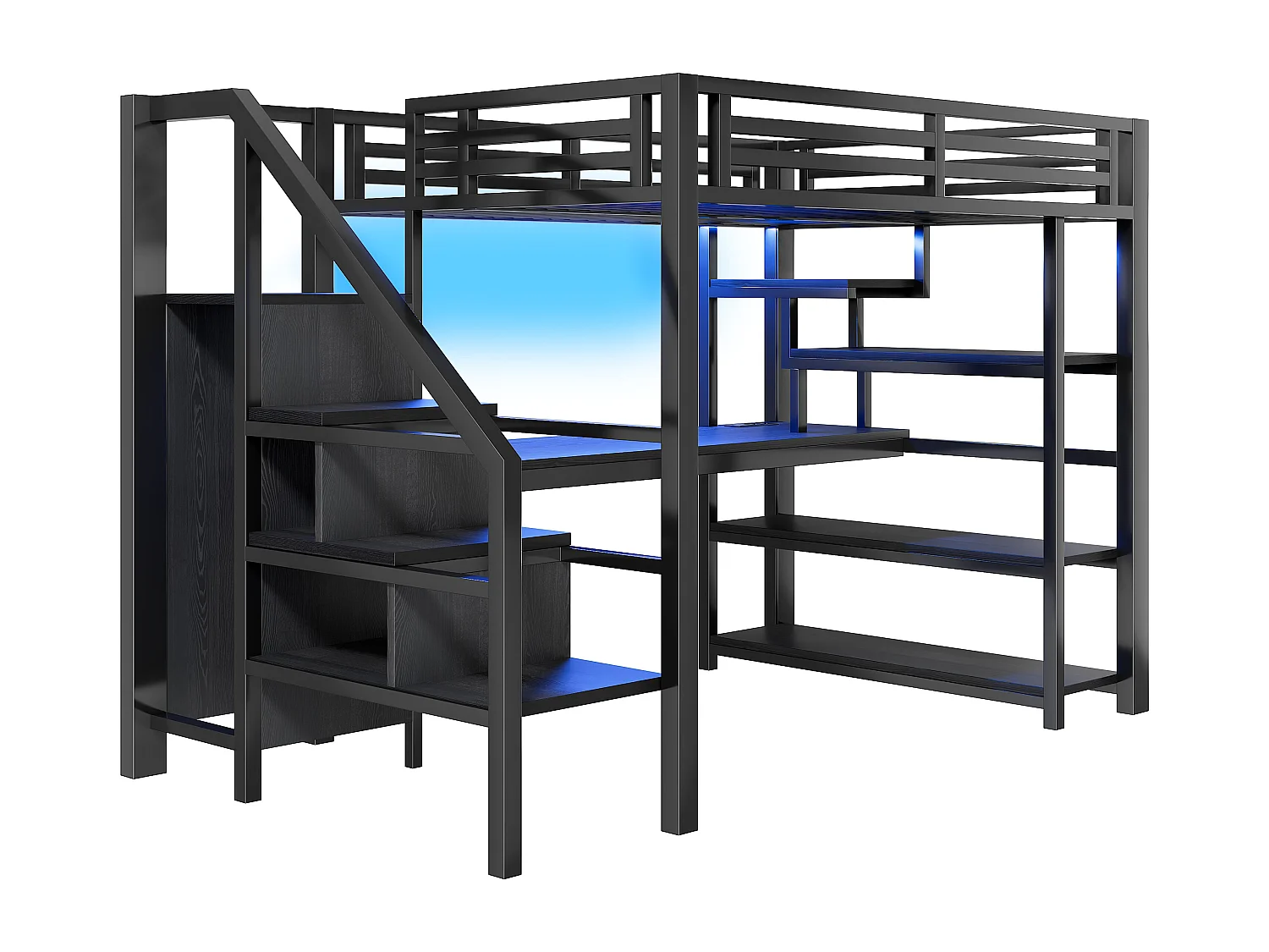 Letto soppalcato in metallo 140x200cm - con armadio aperto e scrivania - LED e porta USB - con scala di riporre e ripiani - Nero