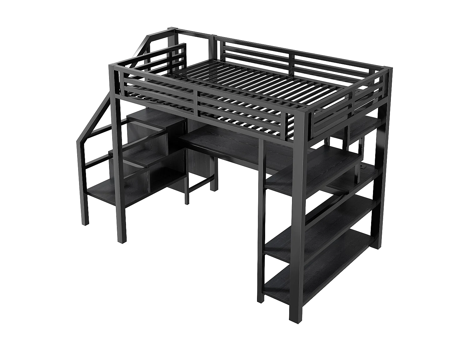 Letto soppalcato in metallo 140x200cm - con armadio aperto e scrivania - LED e porta USB - con scala di riporre e ripiani - Nero