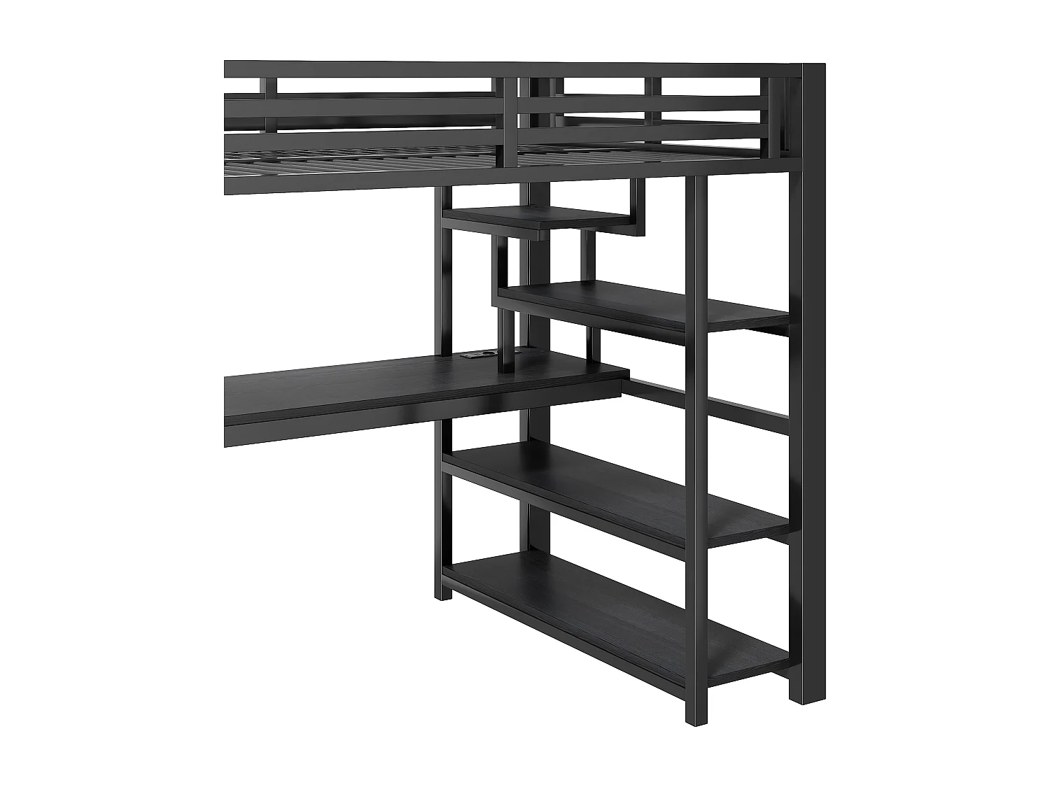 Letto soppalcato in metallo 140x200cm - con armadio aperto e scrivania - LED e porta USB - con scala di riporre e ripiani - Nero