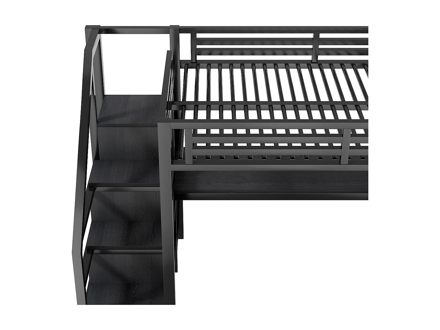 Letto soppalcato in metallo 140x200cm - con armadio aperto e scrivania - LED e porta USB - con scala di riporre e ripiani - Nero