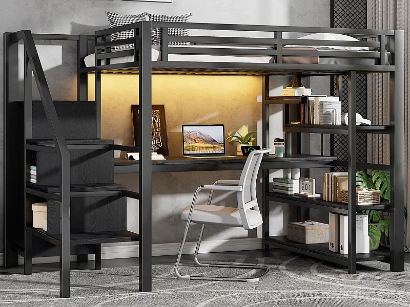 Lit mezzanine en métal 140x200cm - avec armoire ouverte et bureau - LED et port USB - avec échelle de rangement et étagères - Noir
