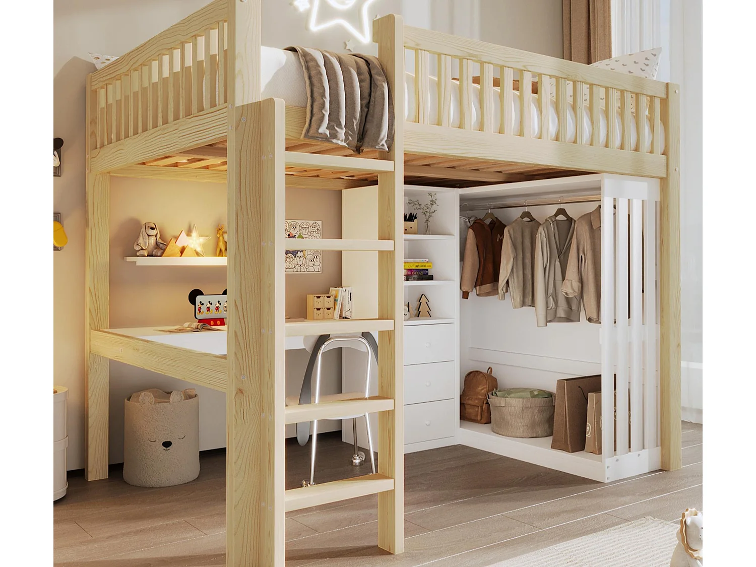 Lit mezzanine 140x200cm - avec bureau + armoire - avec 3 tiroirs - avec escalier - naturel (matelas non inclus)