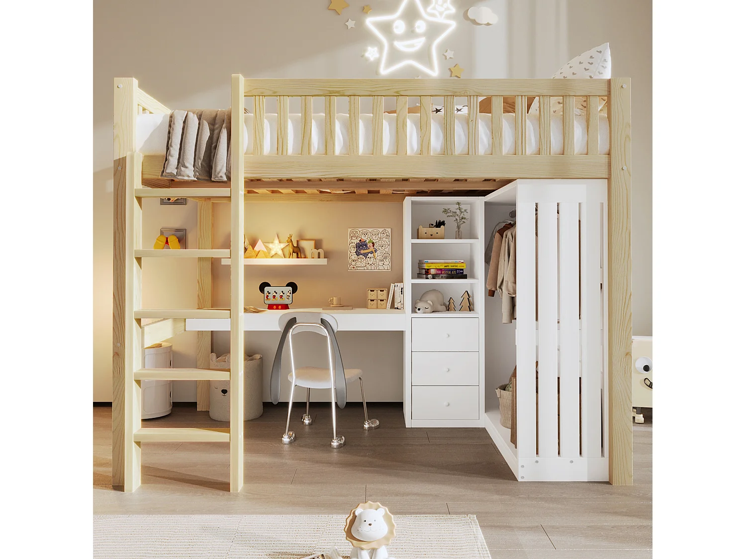 Lit mezzanine 140x200cm - avec bureau + armoire - avec 3 tiroirs - avec escalier - naturel (matelas non inclus)