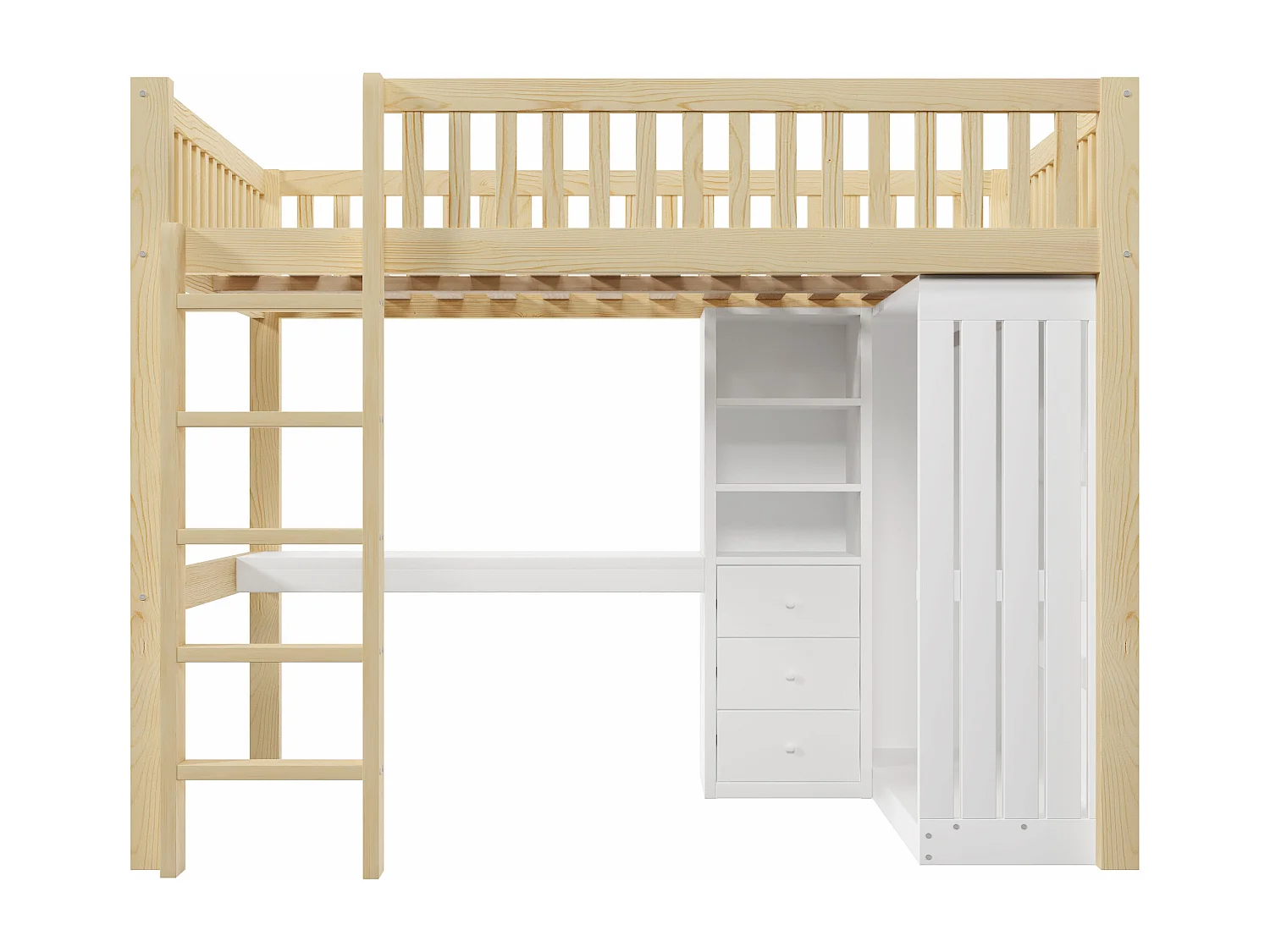 Lit mezzanine 140x200cm - avec bureau + armoire - avec 3 tiroirs - avec escalier - naturel (matelas non inclus)