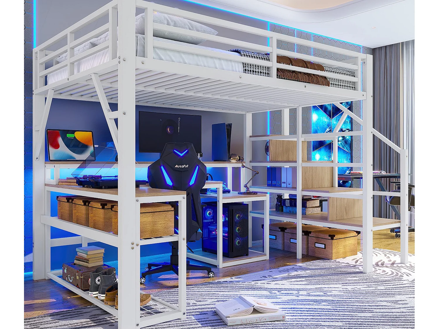 Lit mezzanine 140x200 cm - avec escalier de sécurité - avec bande lumineuse LED + bureau - avec port USB - blanc (matelas non inclus)