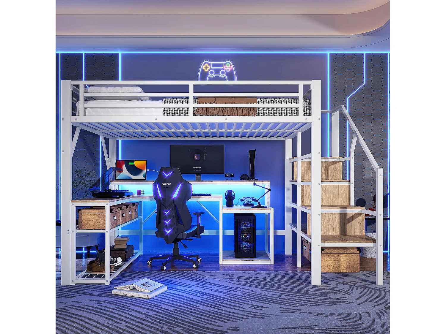 Lit mezzanine 140x200 cm - avec escalier de sécurité - avec bande lumineuse LED + bureau - avec port USB - blanc (matelas non inclus)