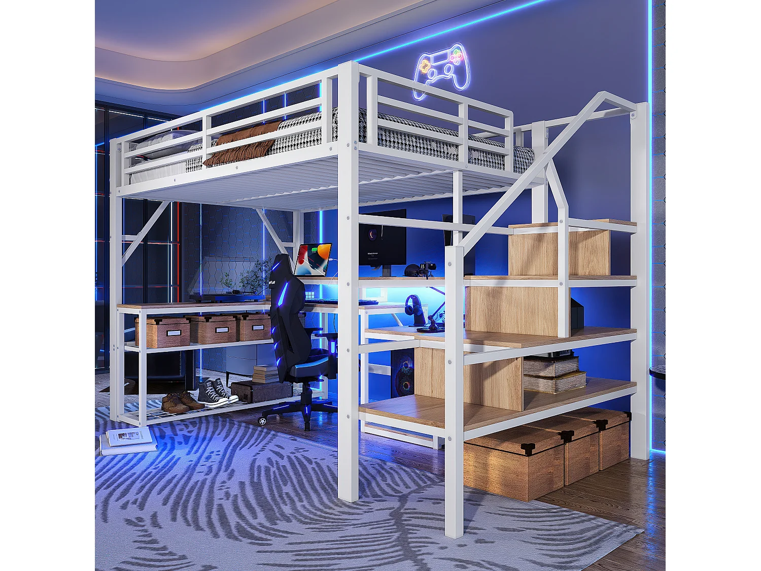 Lit mezzanine 140x200 cm - avec escalier de sécurité - avec bande lumineuse LED + bureau - avec port USB - blanc (matelas non inclus)