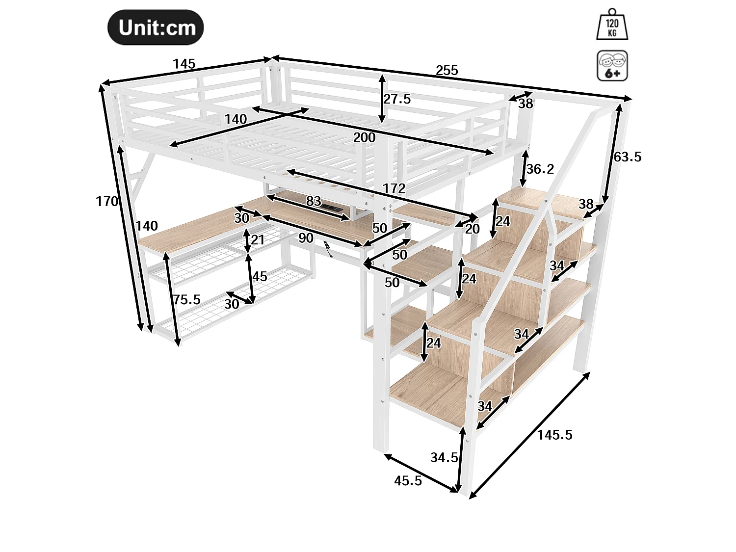 Lit mezzanine 140x200 cm - avec escalier de sécurité - avec bande lumineuse LED + bureau - avec port USB - blanc (matelas non inclus)