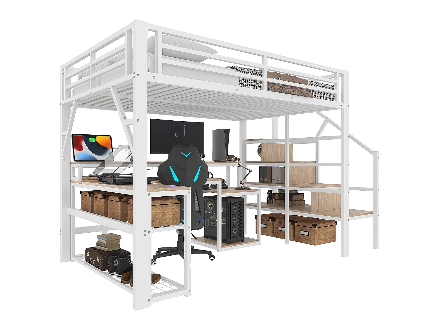 Lit mezzanine 140x200 cm - avec escalier de sécurité - avec bande lumineuse LED + bureau - avec port USB - blanc (matelas non inclus)