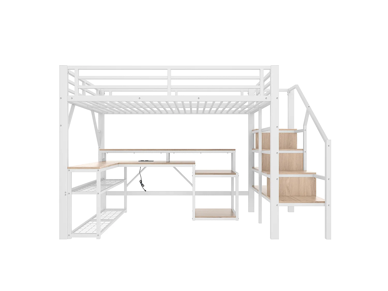 Lit mezzanine 140x200 cm - avec escalier de sécurité - avec bande lumineuse LED + bureau - avec port USB - blanc (matelas non inclus)