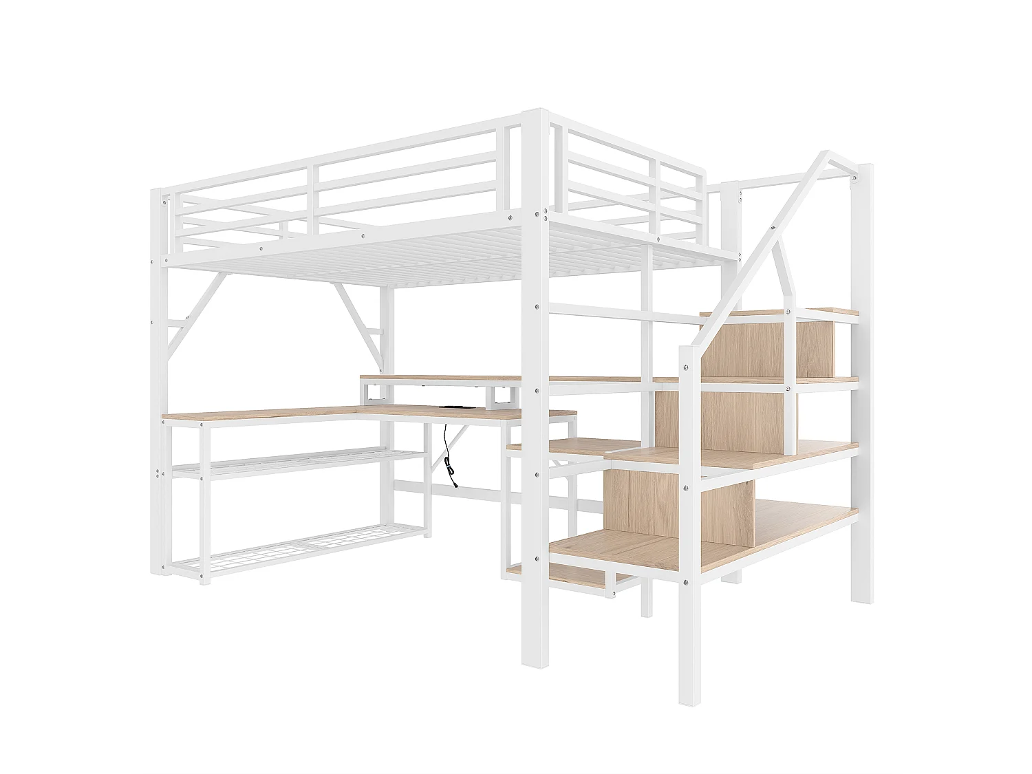 Lit mezzanine 140x200 cm - avec escalier de sécurité - avec bande lumineuse LED + bureau - avec port USB - blanc (matelas non inclus)