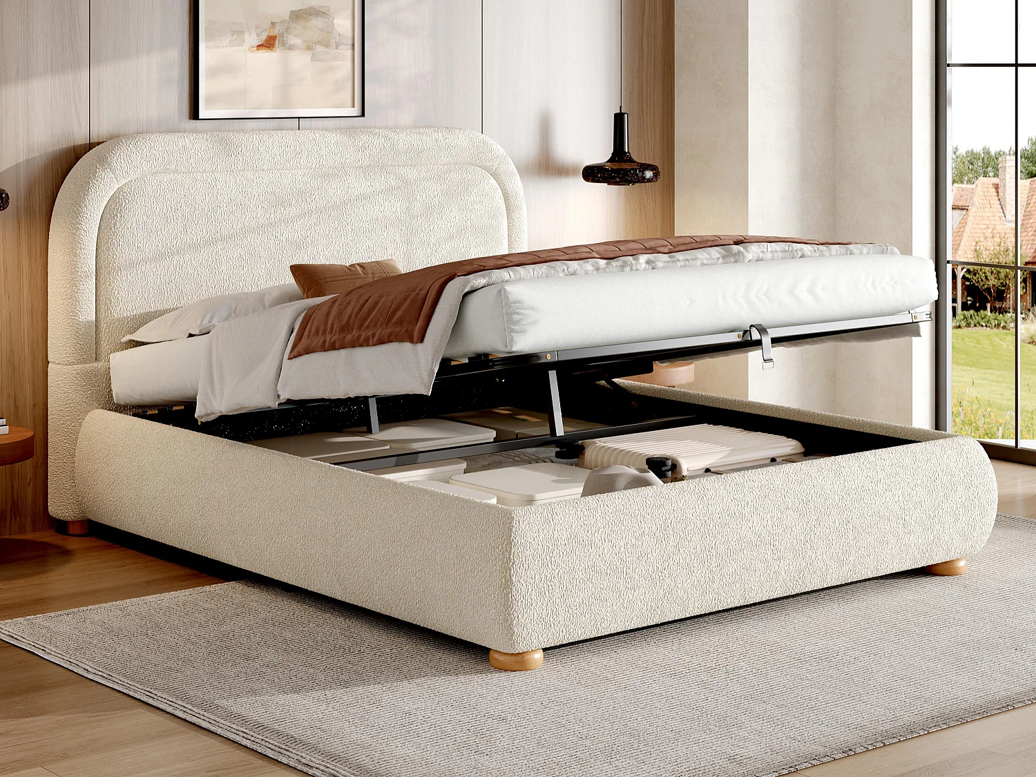 Lit coffre rembourré 140x190 cm - avec sommier à lattes - Tissu bouclé - Beige (matelas non inclus)